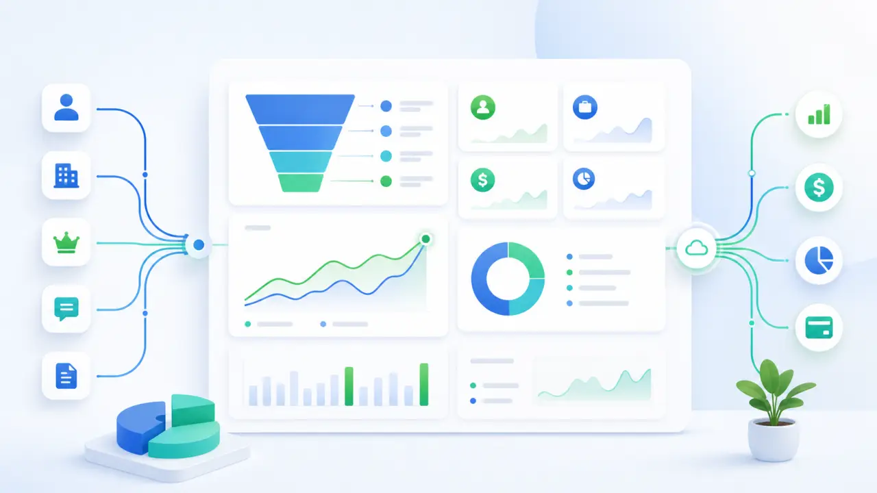 Interface SaaS moderne organisée en bento grid avec indicateurs de marge et données CRM en temps réel