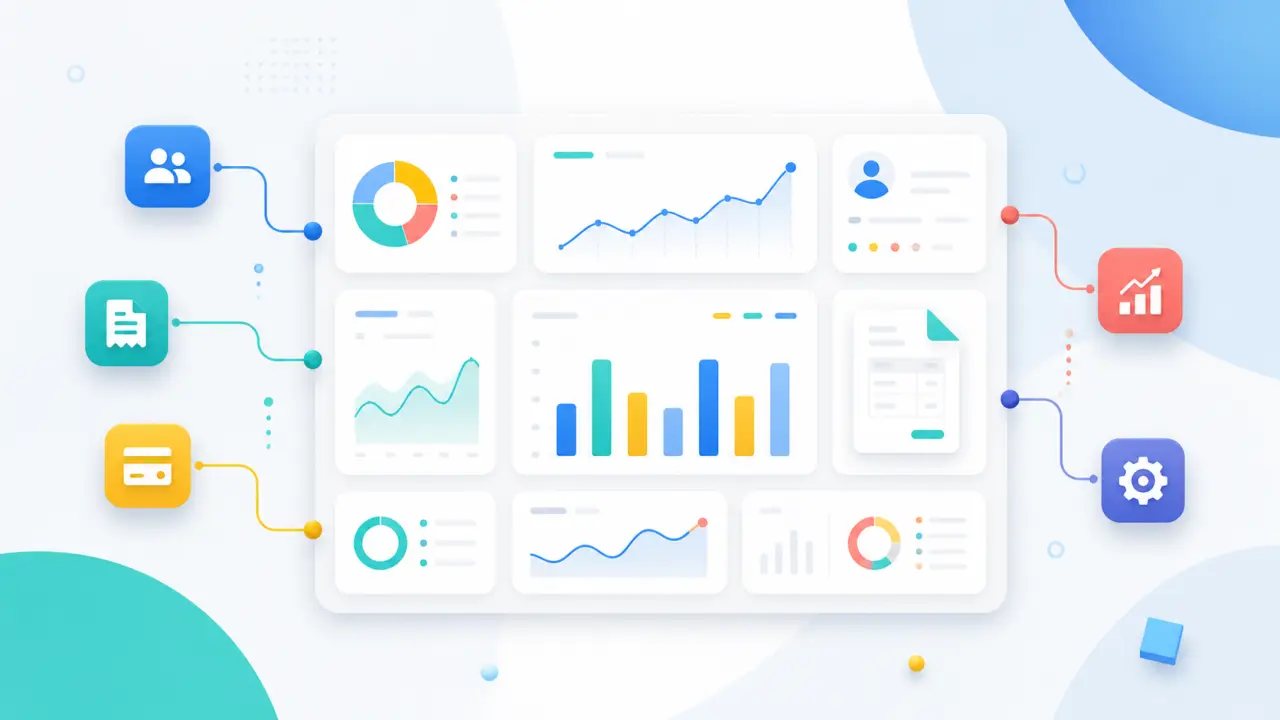 Tableau de bord SaaS en grille bento avec KPI, courbes et données de facturation