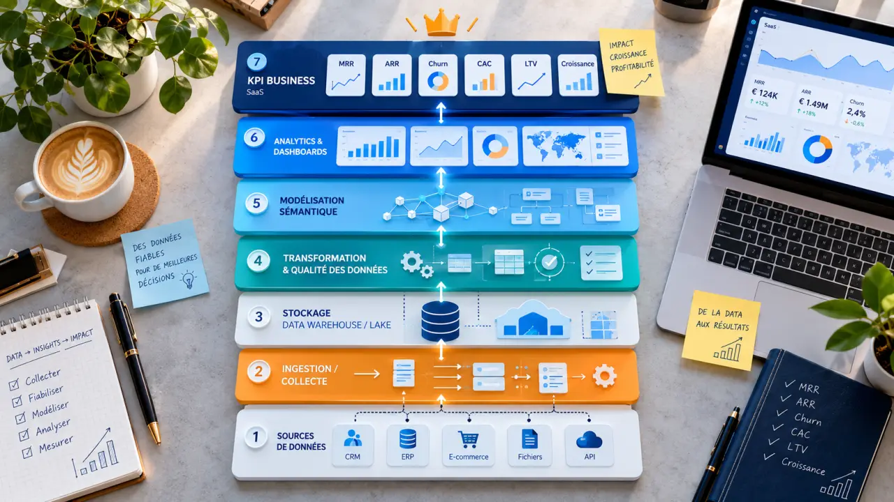 Une business intelligence stack fiable repose sur 7 couches, des sources aux KPI