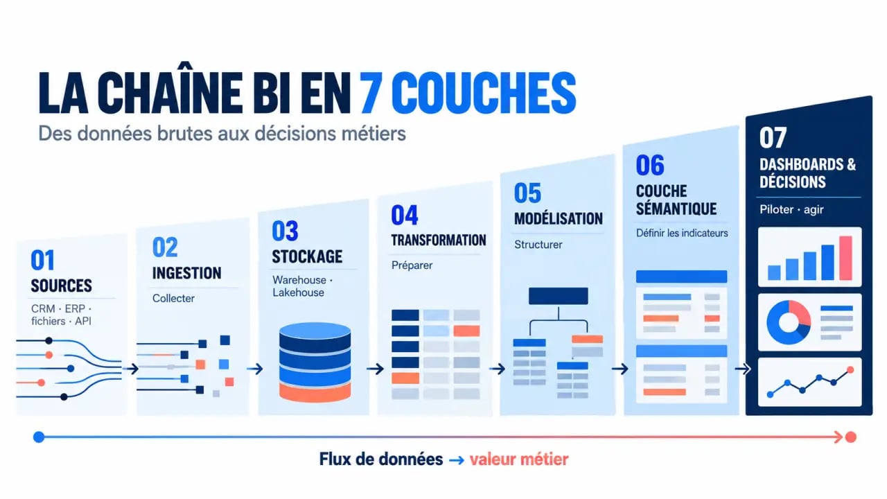 Schéma des sept couches d’une business intelligence stack, des sources de données aux tableaux de bord