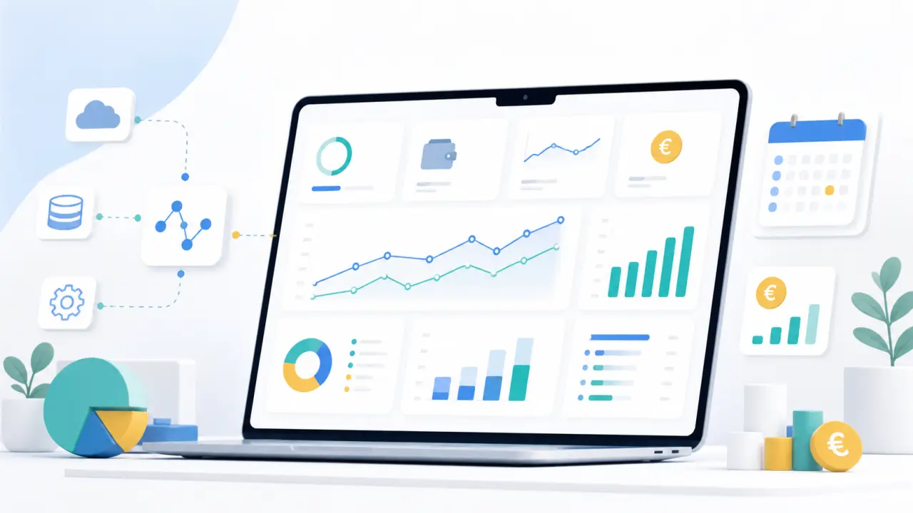 Interface SaaS moderne de suivi budgétaire en grille Bento avec indicateurs financiers en temps réel