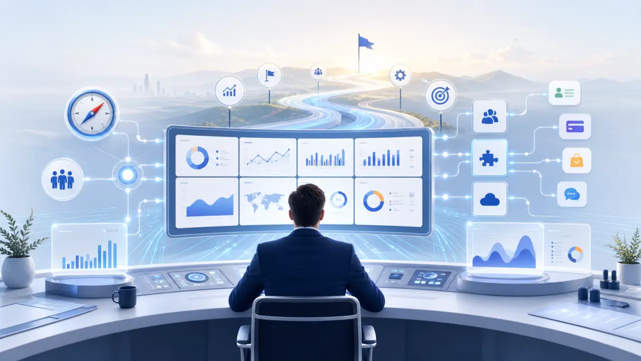 Interface SaaS moderne affichant un dashboard KPI en bento grid