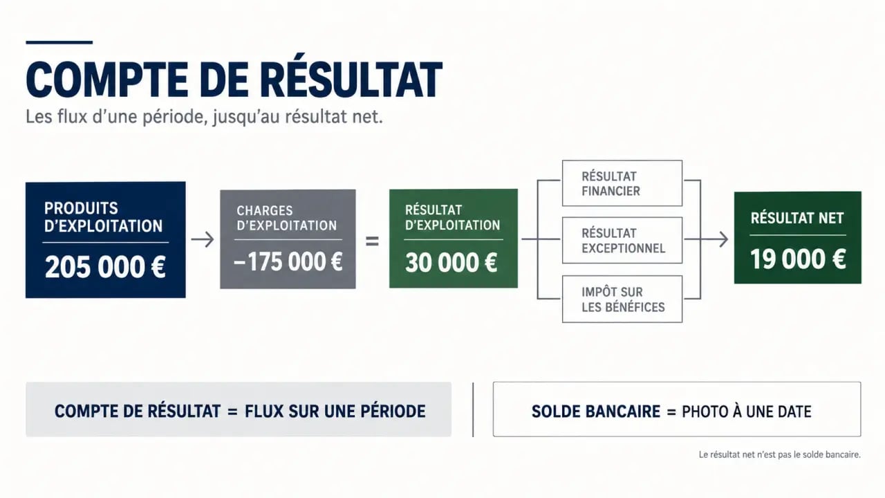Exemple de compte de résultat avec produits, charges, résultat d’exploitation et résultat net