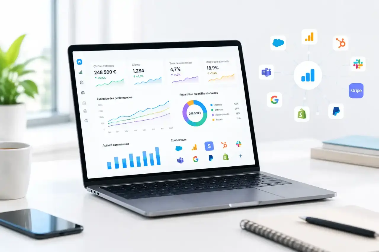Tableau de bord SaaS présentant des KPI commerciaux, financiers et marketing